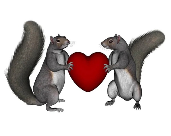 Bonitos Esquilos Dos Namorados Ilustração Dois Esquilos Segurando Coração Vermelho — Fotografia de Stock