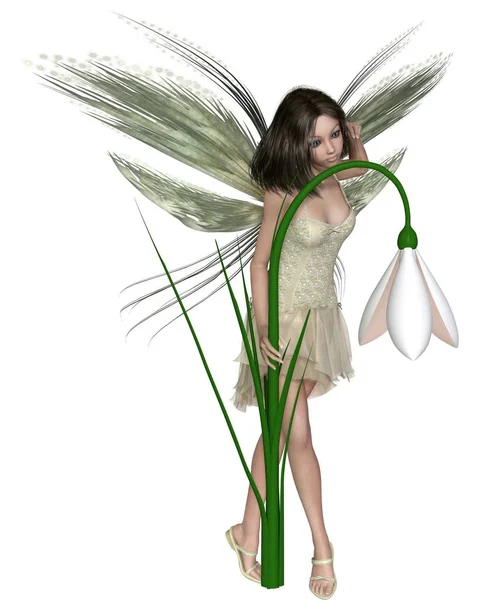 Dark Haired Snowdrop Fairy Standing Winter Flowers Fantasy Illustration Pretty — Stock Photo, Image