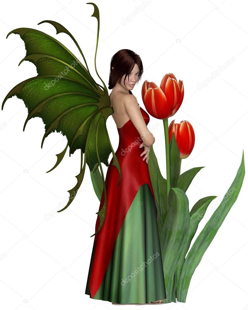 Dark Haired Red Tulip Fairy. Fantasy illustration of a dark haired fairy standing by red tulips, 3d digitally rendered illustration.