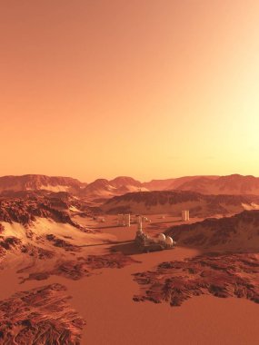 Gelecekteki Mars kolonisi. Bilim kurgu illüstrasyon Mars, gelecekteki bir koloninin 3d dijital olarak işlenmiş illüstrasyon.