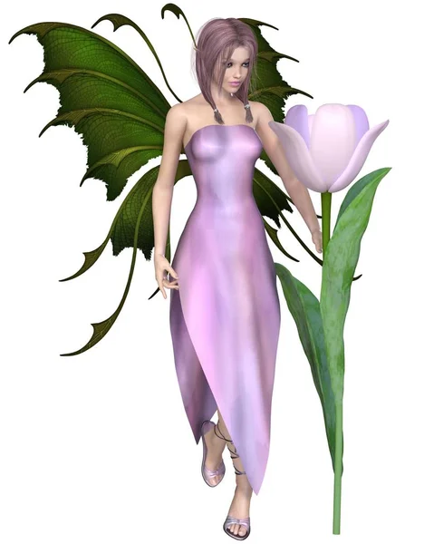 Pink Haired Tulip Fairy. Fantasy illustration of a pink haired tulip fairy standing by a flower, 3d digitally rendered illustration.