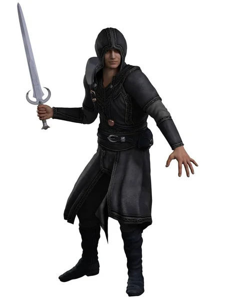 Rogue Swordsman Advancing Attack Fantasy Illustration Rogue Swordsman Dressed Leather — Stock Photo, Image