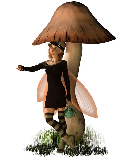 一个漂亮的黑发仙女站在蘑菇下躲避的幻想图片 3D数字渲染的图片 — 图库照片