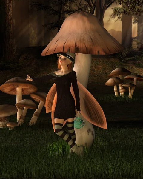 Fantasy Illustration Pretty Brunette Fairy Standing Mushroom Shelter Woodland Clearing — Stock Photo, Image