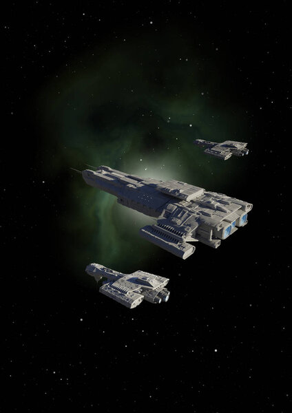 Science fiction illustration of a spaceship fleet with carrier and warships in deep space passing a green nebula, 3d digitally rendered illustration