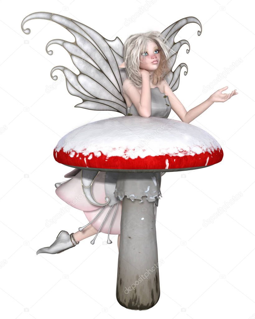 Fantasy illustration of a cute winter fairy with a cold, pink nose leaning on a snow covered toadstool, 3d digitally rendered illustration isolated on a white background