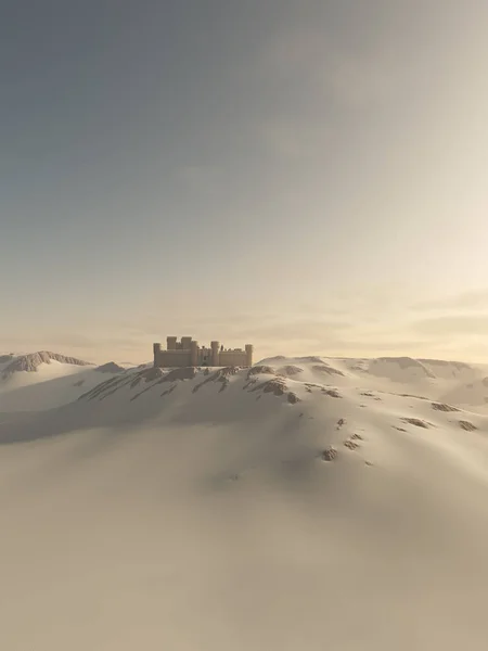 雪に覆われた冬の丘で孤立した中世の城のファンタジーや歴史的なイラスト 3Dデジタルレンダリングイラスト — ストック写真