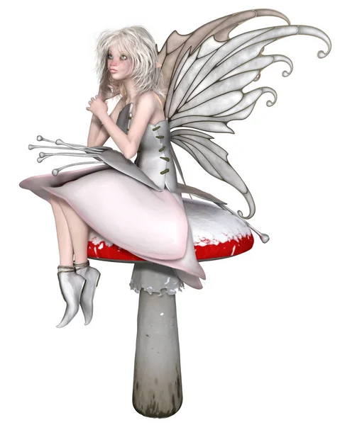 Fantasy illustration of a cute winter fairy with a cold, pink nose sitting on a snow covered toadstool, 3d digitally rendered illustration isolated on a white background