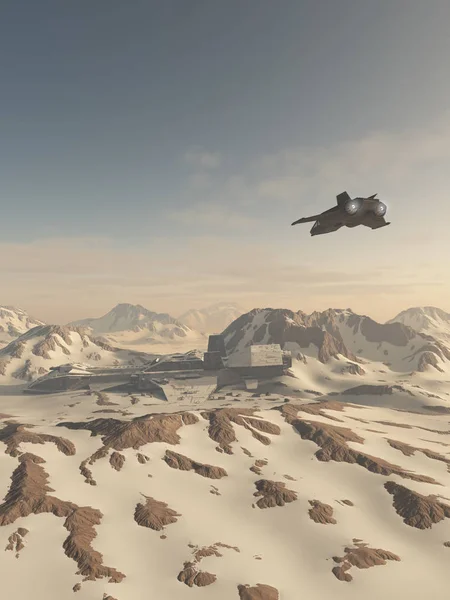 Science Fiction Illustration Eines Schneebedeckten Winterbergen Abgestürzten Raumfahrtkreuzers Mit Überfliegendem — Stockfoto