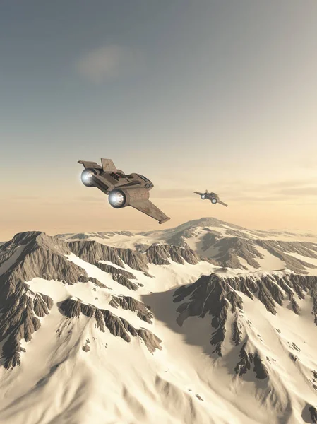 雪に覆われた惑星の山をパトロールする2つのシングルシータースター戦闘機の宇宙船のSfイラスト 3Dデジタルレンダリングイラスト — ストック写真