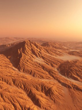 Mars 'ın Kızıl Dağ manzarası. Mars 'ın hayali kırmızı dağ manzarasının bilim kurgu illüstrasyonu, dijital olarak çizilmiş 3D