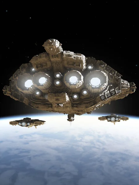 青い惑星の上の深い宇宙戦艦巡洋艦艦隊 青い惑星の上の戦闘巡洋艦宇宙船のグループのSfイラスト 3Dデジタルレンダリングイラスト — ストック写真