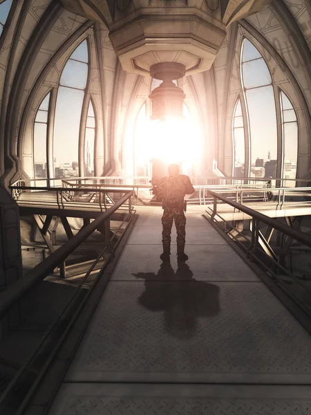 Wewnątrz Elektrowni Future City Science Fiction Ilustracja Żołnierza Stojącego Straży — Zdjęcie stockowe
