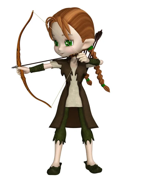 Cute Toon Wood Elf Arquero Chica Con Arco Flechas Apuntando — Foto de Stock