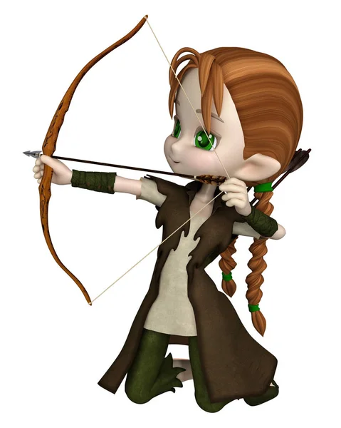 Cute Toon Wood Elf Archer Girl Bow Arrows Kneeling Taking — Stock Photo, Image