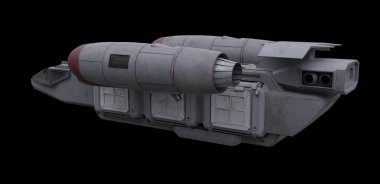 Science fiction illustration of an interplanetary space cargo shuttle, isolated on black in left side view, 3d digitally rendered illustration
