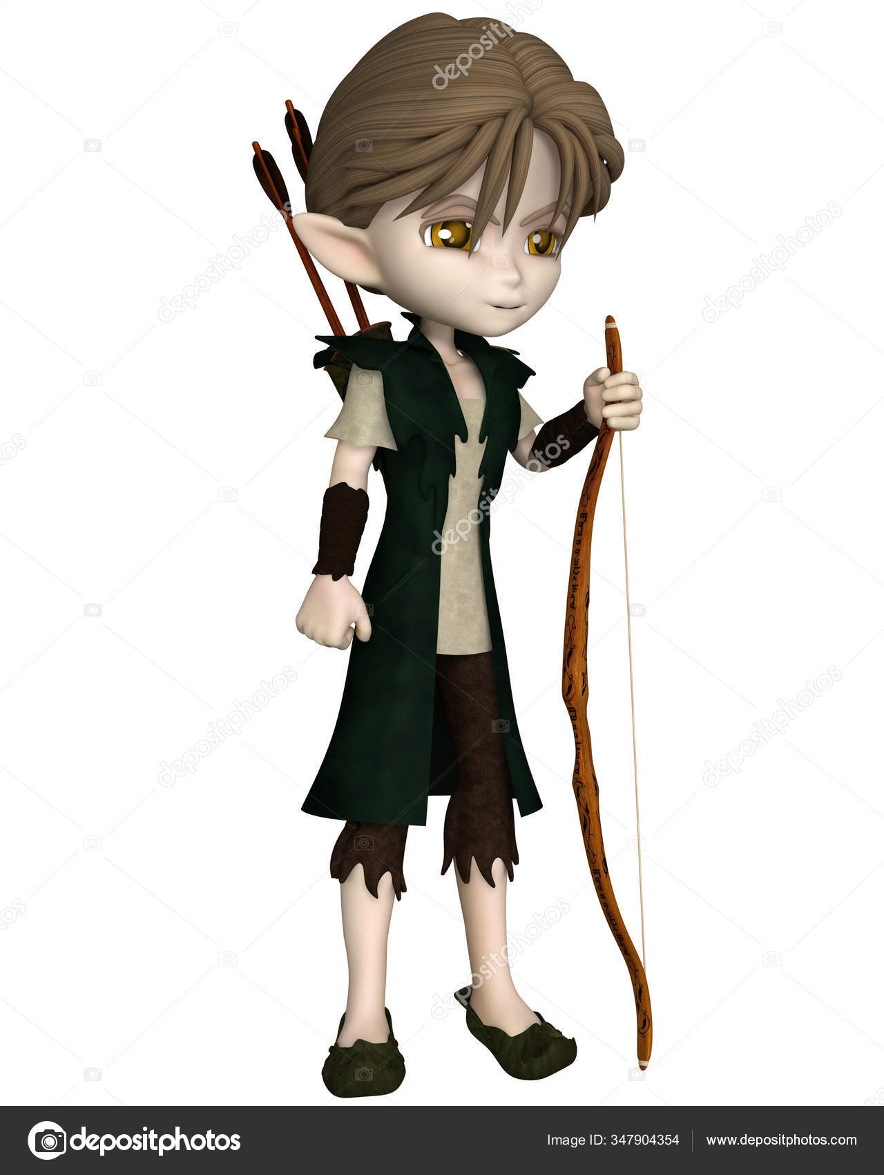 かわいい木のエルフの弓と矢を持つ弓射手の少年 3dデジタルレンダリングイラスト ストック写真 C Algolonline