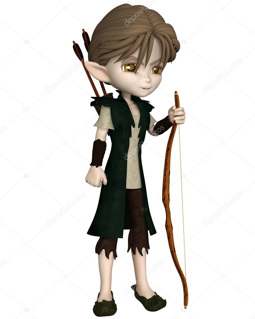 Cute toon Wood Elf archer boy with bow and arrows, 3d digitally rendered illustration
