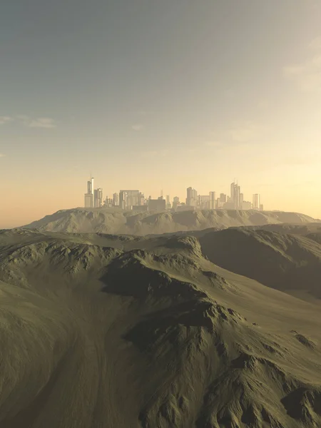 Εικονογράφηση Επιστημονικής Φαντασίας Μιας Μελλοντικής Πόλης Μια Έρημη Βουνοκορφή Τρισδιάστατη — Φωτογραφία Αρχείου