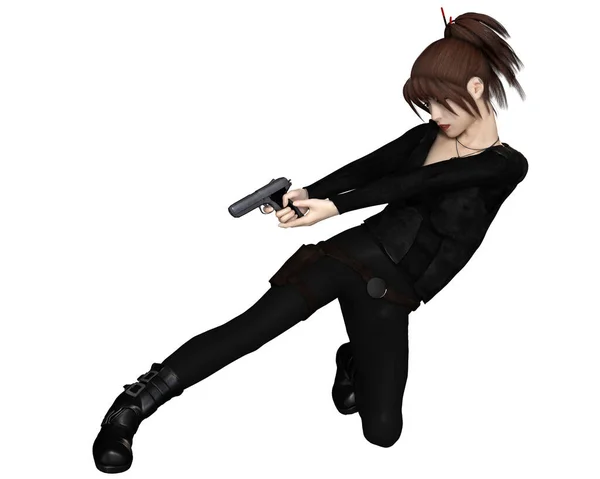 Female Asian Assassin Shooting Illustration Female Asian Assassin Dressed Black — Stock Photo, Image