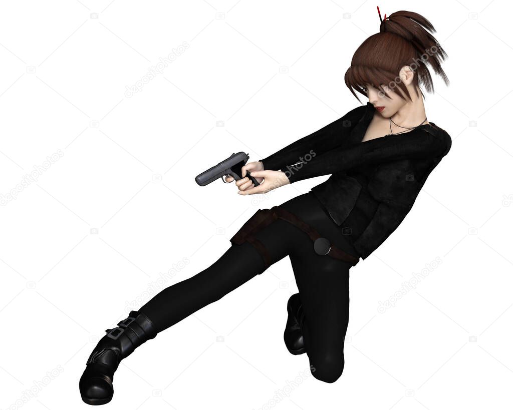 Female Asian Assassin, Shooting. Illustration of a female Asian assassin dressed in black firing a gun, 3d digitally rendered illustration.