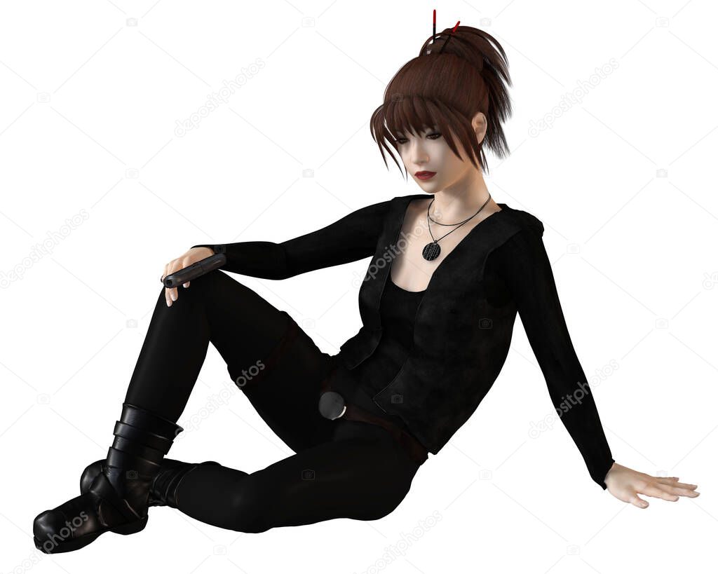 Female Asian Assassin, Relaxing at Rest. Illustration of a female Asian assassin dressed in black sitting down and relaxing, 3d digitally rendered illustration.