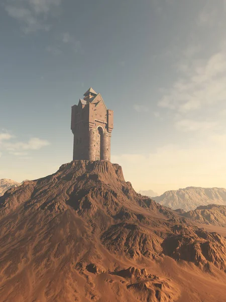 说明沙漠山顶的中世纪或幻想塔城堡 3D数字渲染说明 — 图库照片