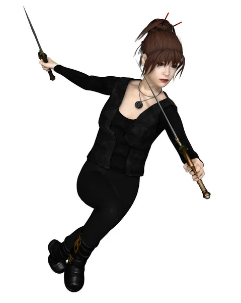 Female Asian Assassin Swords Running Illustration Female Asian Assassin Dressed — Stock Photo, Image