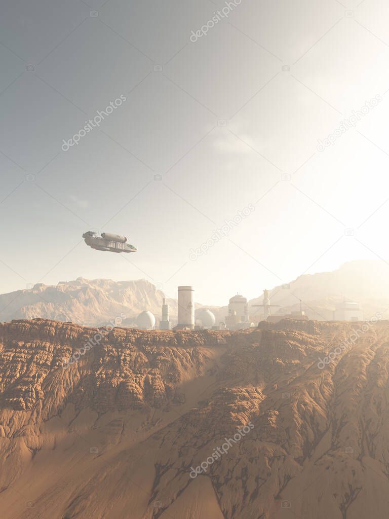 Science fiction illustration of a supply ship arriving at an outpost base on an alien Mars-like desert planet, 3d digitally rendered illustration