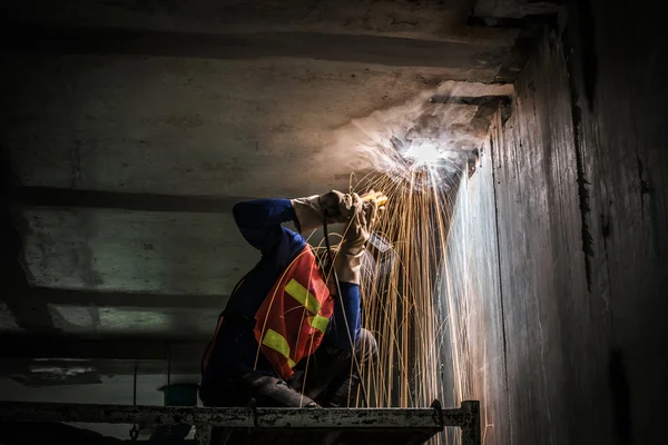 worker welding metal with sparks