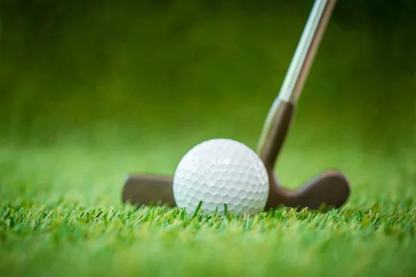 Golfbal en putter op groen — Stockfoto