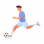 Fotbalista v modrém tričku běžící s míčem. Vektorová ilustrace v plochém kresleném stylu.