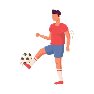 Kırmızı tişörtlü futbolcu topa vuruyor. Çizgi film tarzında vektör illüstrasyonu.