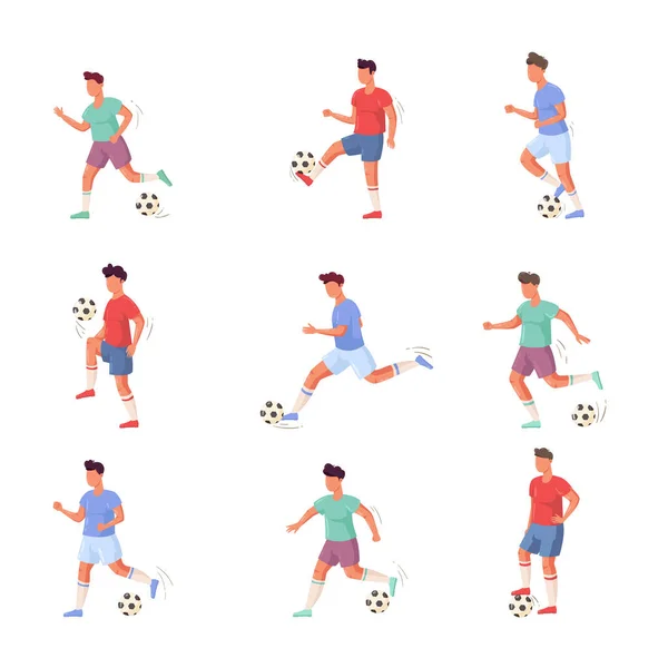 Conjunto de personajes futbolistas o futbolistas en diferentes acciones. Ilustración vectorial en estilo plano de dibujos animados . — Vector de stock