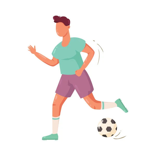 Fußballer im grünen T-Shirt, der mit dem Ball rennt. Vektorillustration im flachen Cartoon-Stil. — Stockvektor