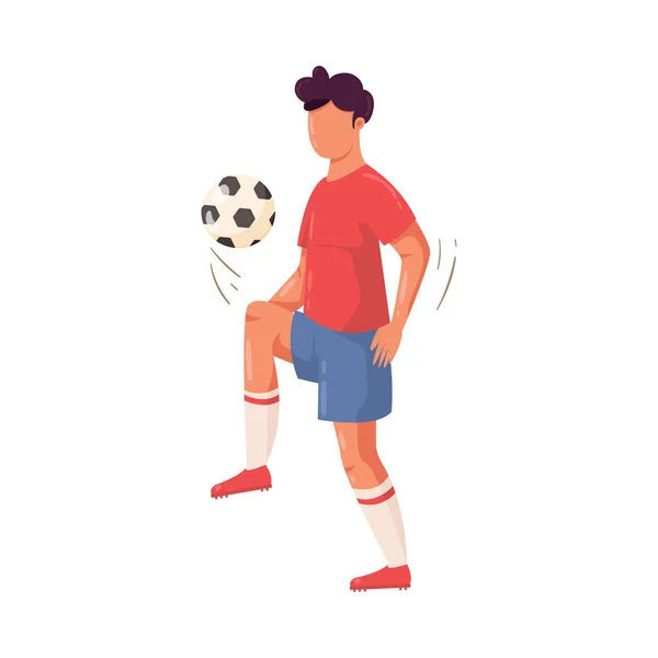 Jugador de fútbol con camiseta roja pateando la pelota. Ilustración vectorial en estilo plano de dibujos animados . — Vector de stock