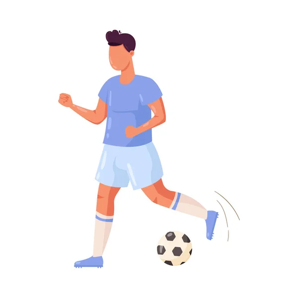 Jugador de fútbol en pantalones cortos azules corriendo con la pelota. Ilustración vectorial en estilo plano de dibujos animados . — Vector de stock