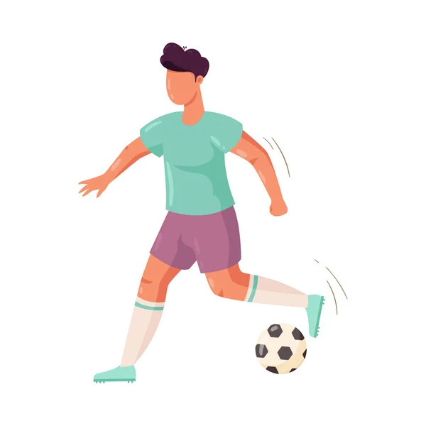 Joueur de football en short violet courant avec le ballon. Illustration vectorielle en style dessin animé plat . — Image vectorielle