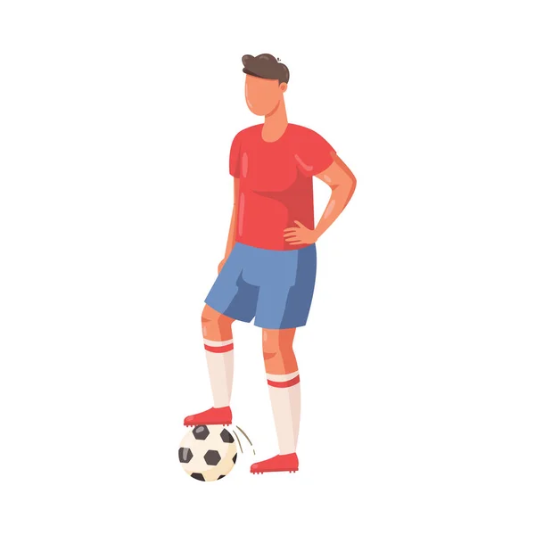 Voetbalspeler in blauwe korte broek staat met de bal. Vector illustratie in platte cartoon stijl. — Stockvector