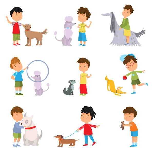 Juego de niños jugando, paseando y entrenando perros vector ilustración — Vector de stock