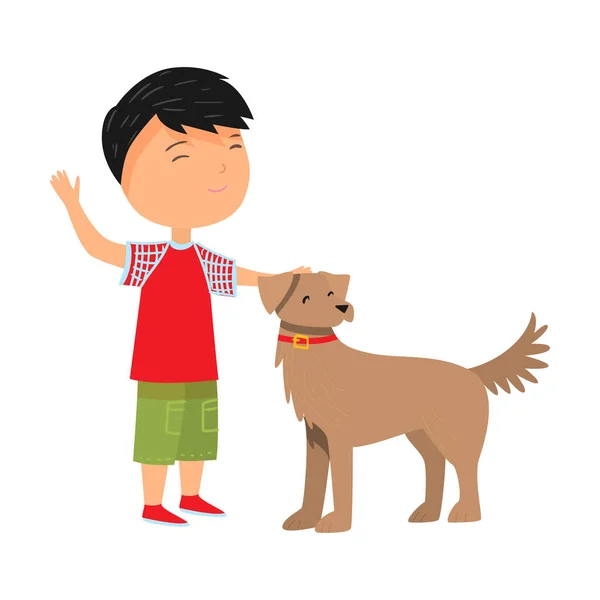Хлопчик погладжує собаку в червоному комірі Векторні ілюстрації — стоковий вектор