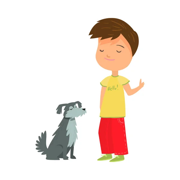 Glimlachende jongen het trainen van zijn grijze kleine hond vector illustratie — Stockvector