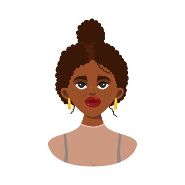 Altın küpeler takan siyah moda kızı.