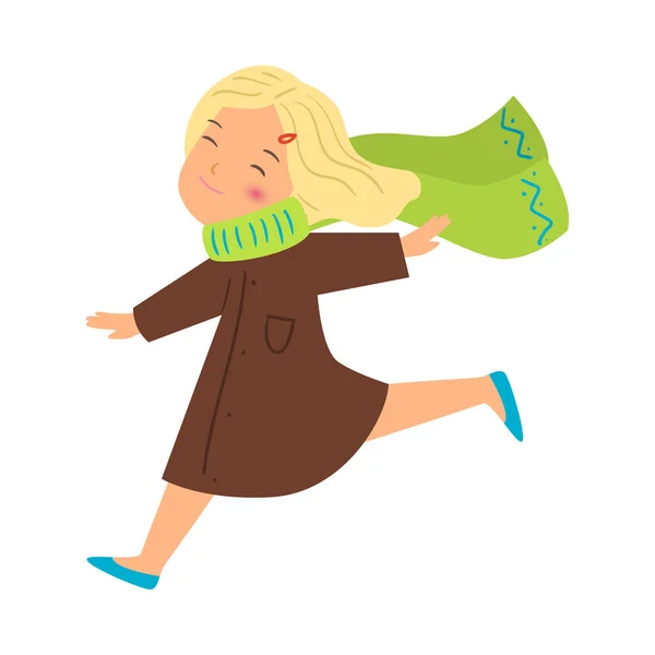 Little blond girl running and wearing green scarf vector illustration — ストックベクタ