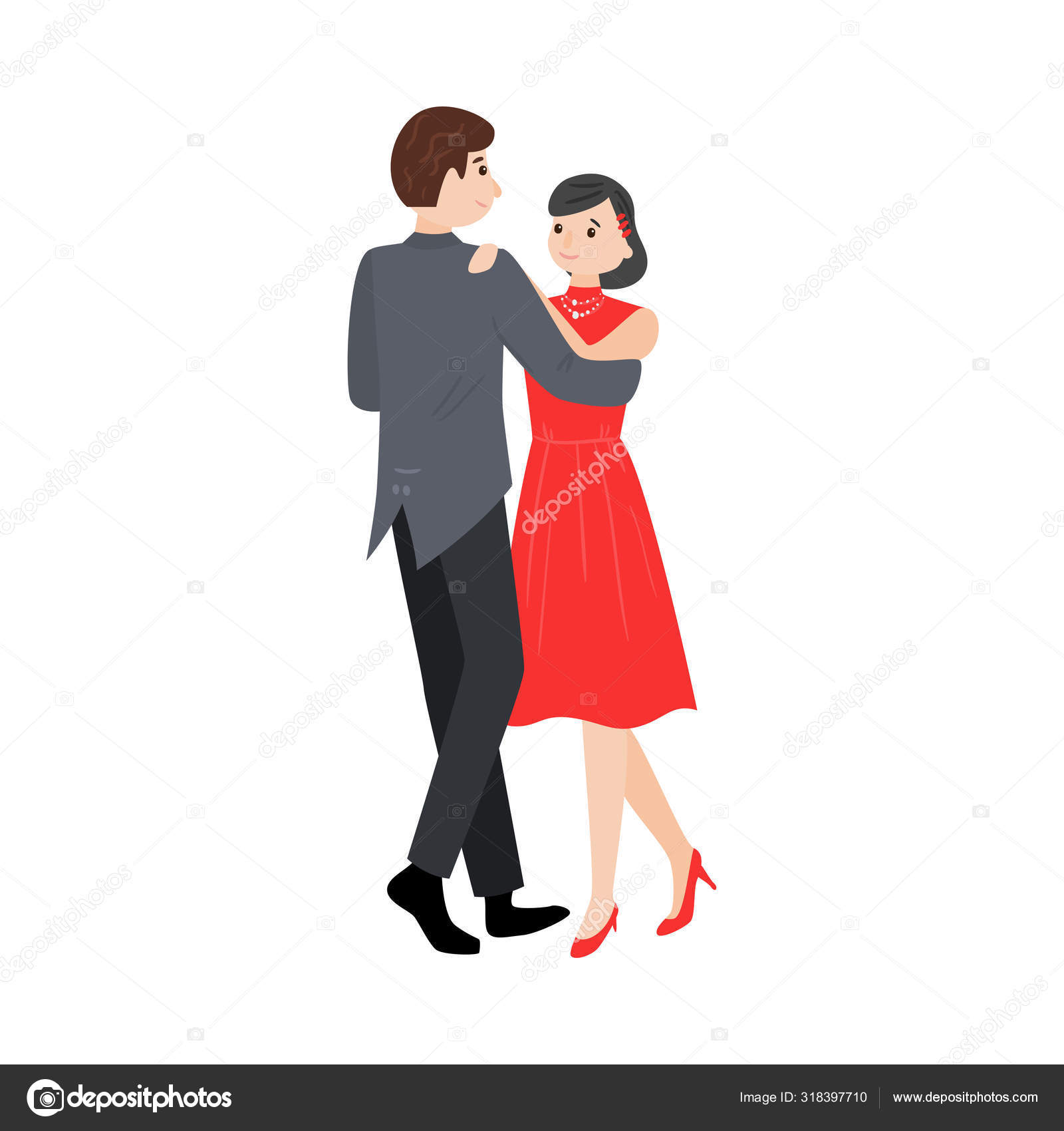 Pareja de baile de hombre en traje elegante y chica en un vestido rojo.  Ilustración vectorial en estilo plano de dibujos animados . Vector de stock  #318397710 de ©greenpic.studio, image size:1600x1700