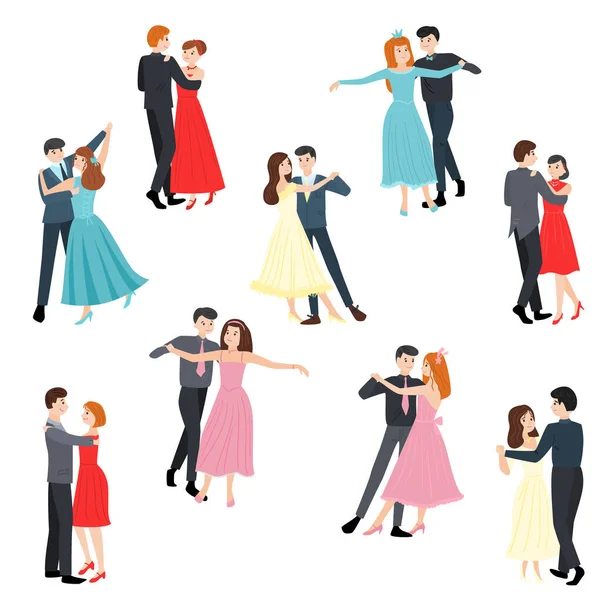 Набор молодых элегантных мужских и женских пар танцоров. Векторная иллюстрация в плоском стиле мультфильма . — стоковый вектор