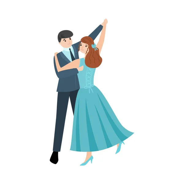 Tańcząca para mężczyzn w eleganckim kostiumie i dziewczyna w długiej niebieskiej sukience. Ilustracja wektora w stylu płaskiej kreskówki. — Wektor stockowy