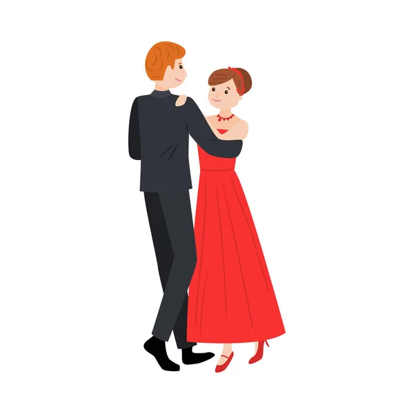 Coppia danzante di uomo in elegante costume e ragazza in un lungo abito rosso. Illustrazione vettoriale in stile fumetto piatto . — Vettoriale Stock