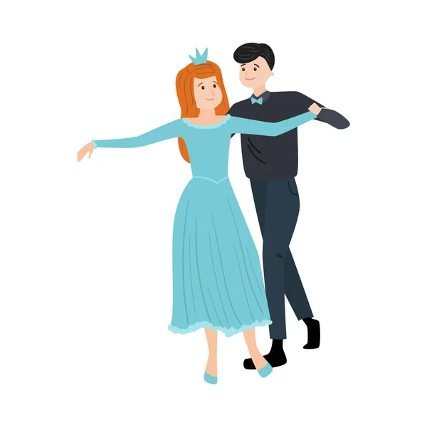 Танцующая пара человека в элегантном костюме и девушка с диадемой в длинном голубом платье. Векторная иллюстрация в плоском стиле мультфильма . — стоковый вектор