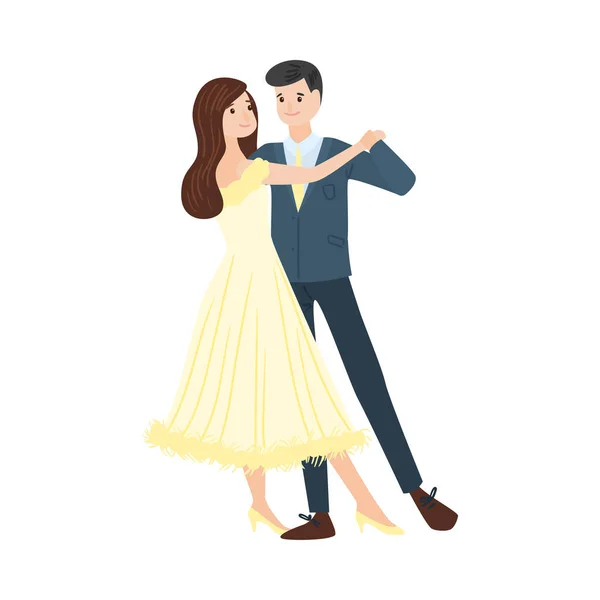 Танцующая пара мужчин в элегантном костюме и девушка в длинном желтом платье. Векторная иллюстрация в плоском стиле мультфильма . — стоковый вектор